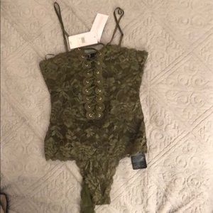 Guess XS olive green lace up body suit